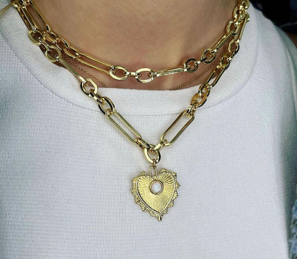 heart pendant w/pearl, thick station link chain